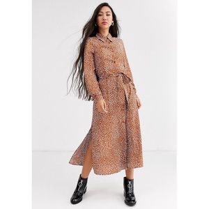 ASOS Tie Waist MIDI Dress in Brown Polka Dot